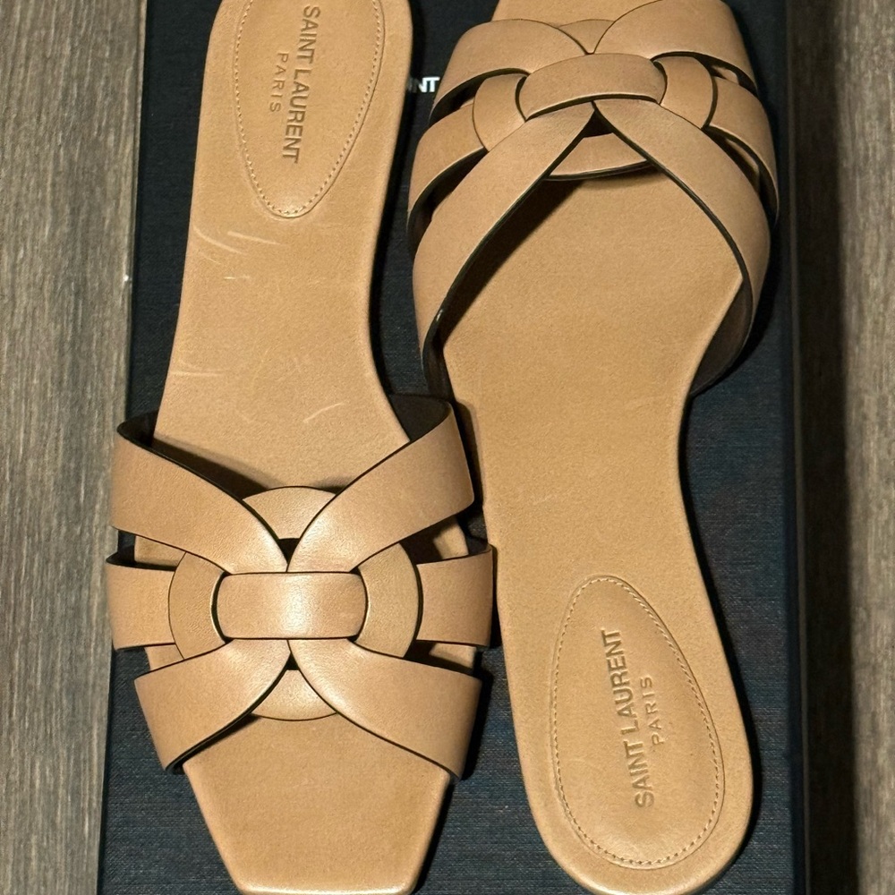 Saint Laurent Tribute Beige Leather Women's Sandals